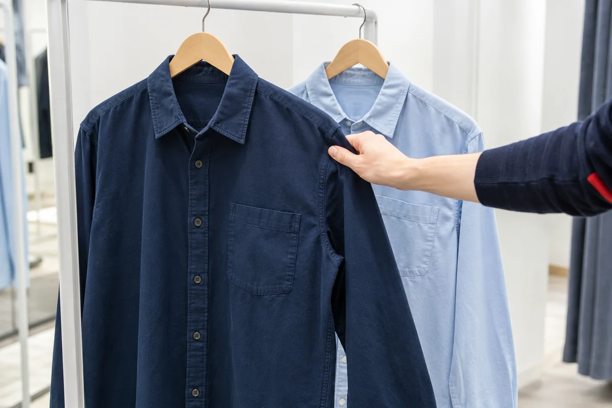 A navy overshirt held forward beside the pale blue option